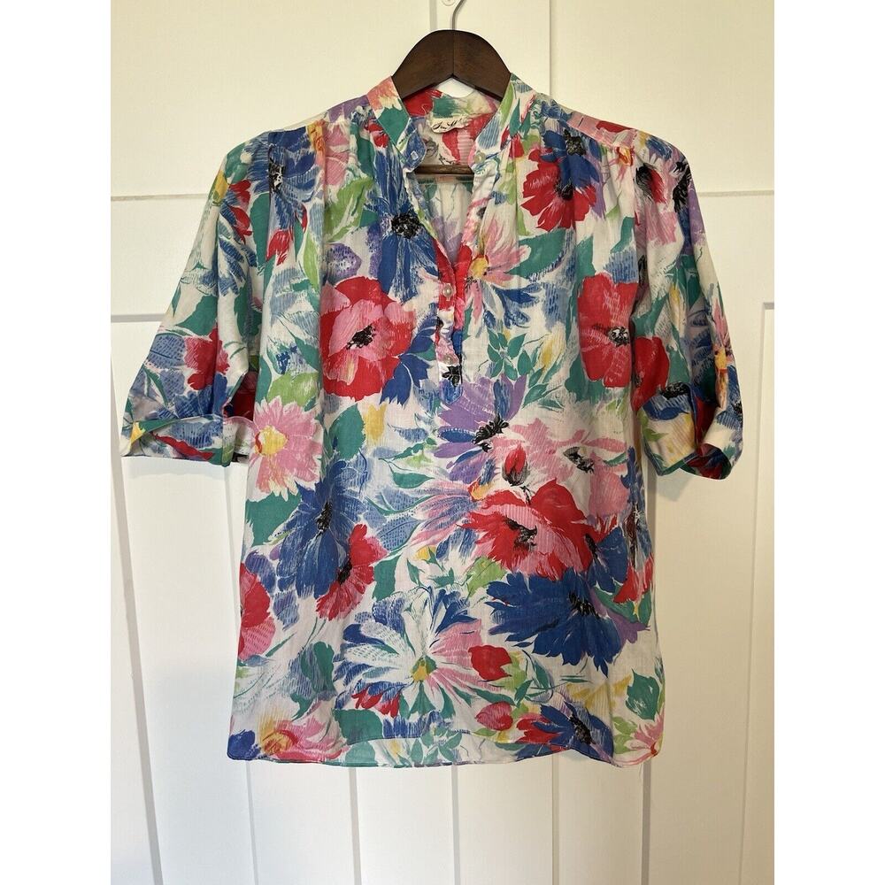 Vintage Jon Woods Women's Floral Top L/XL Vibrant Colors Single Stitch